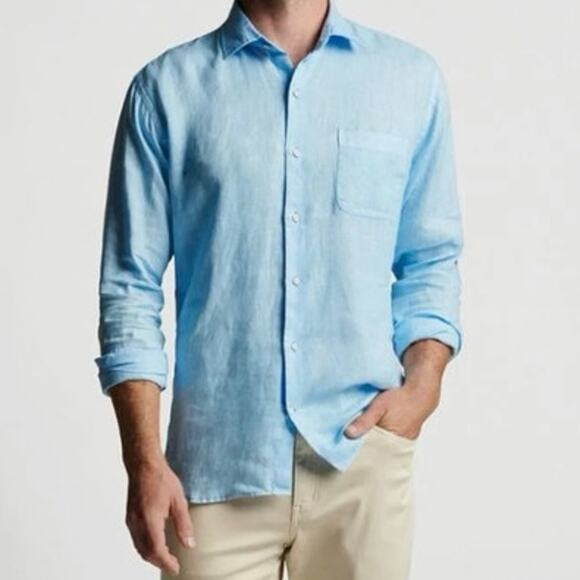 Peter Millar Other - Peter Millar Mens Mist Blue Crown Cool Long Sleeve Button Down 100% Linen